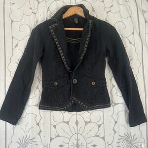 Aziz Black Embroidered Denim Jacket Western Style Small